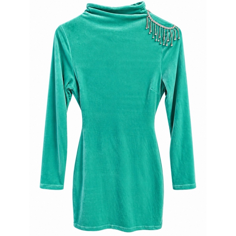 Y2K Turquoise Velour Mini Dress Rhinestone Fringe Open Back Festival Glam Small